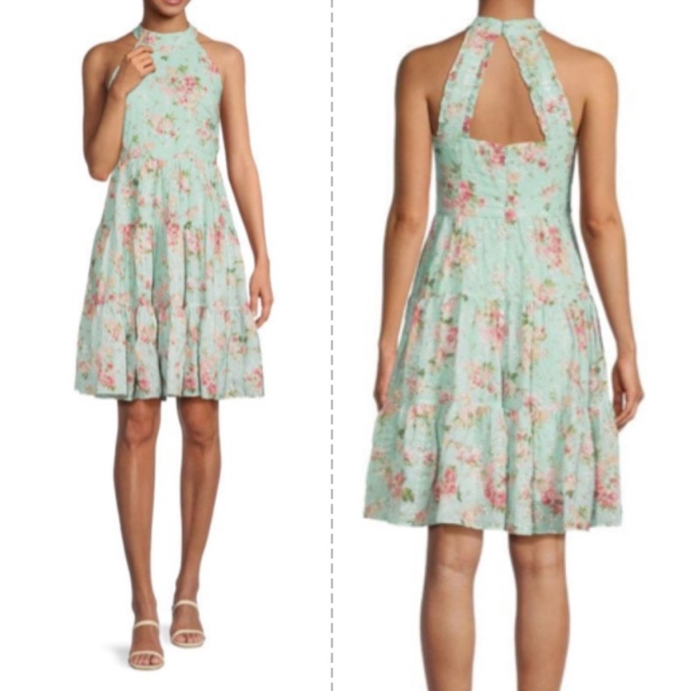 Eliza J Embroidered Floral Halter Neck Cut Out Back summer Dress Mint Size 14 - Picture 6 of 10